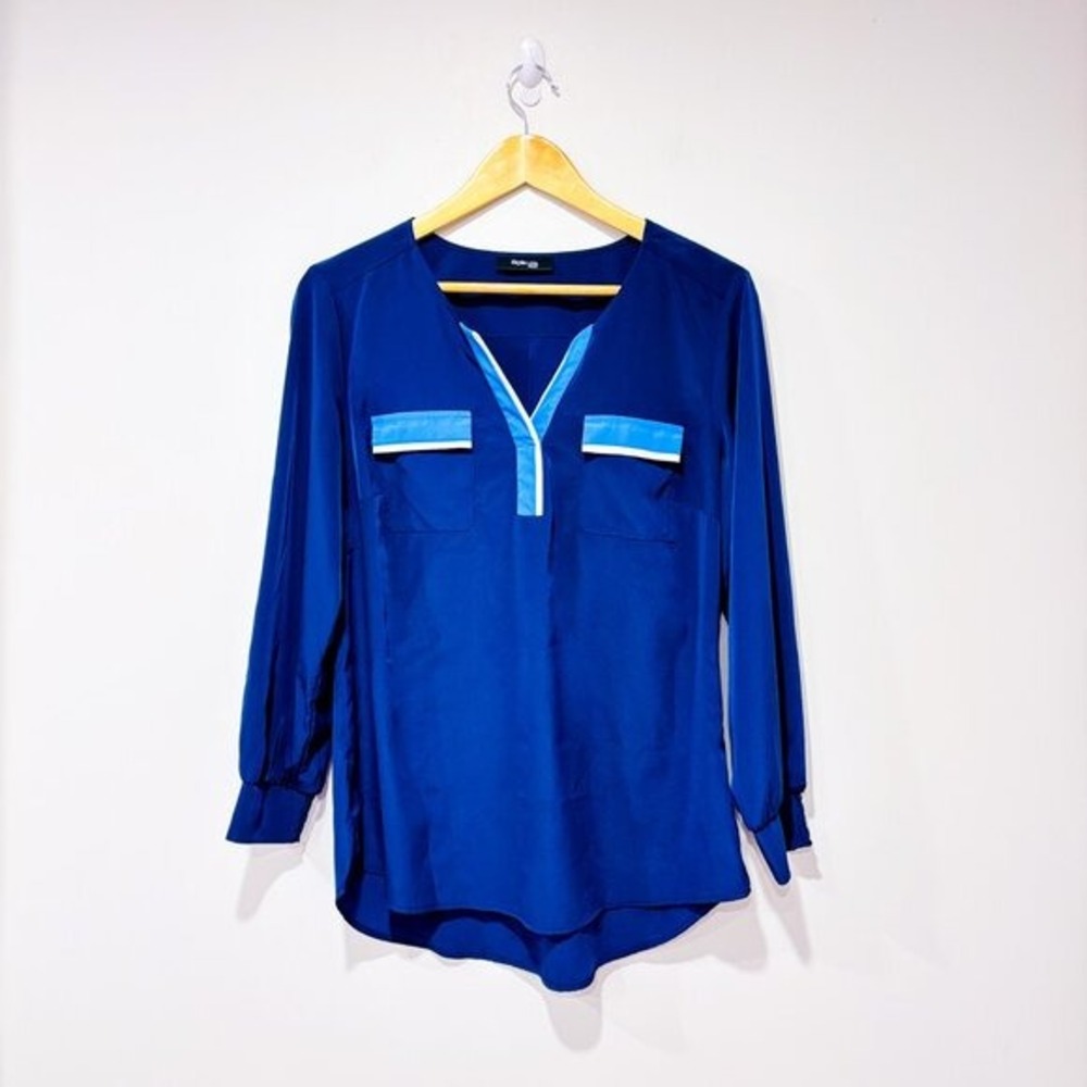 STYLE & CO. Blue Contrast Trim V-Neck Long Sleeve High Low Blouse Medium